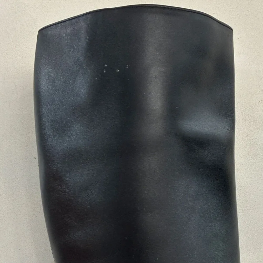 Pasaro Black Leather Knee High Riding Boots Block Heel Zip Square Toe Women's 6B